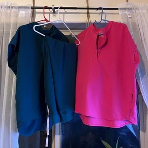 Size Large Scrubs set! One full set Caribbean Blue figs and freebee pink top.